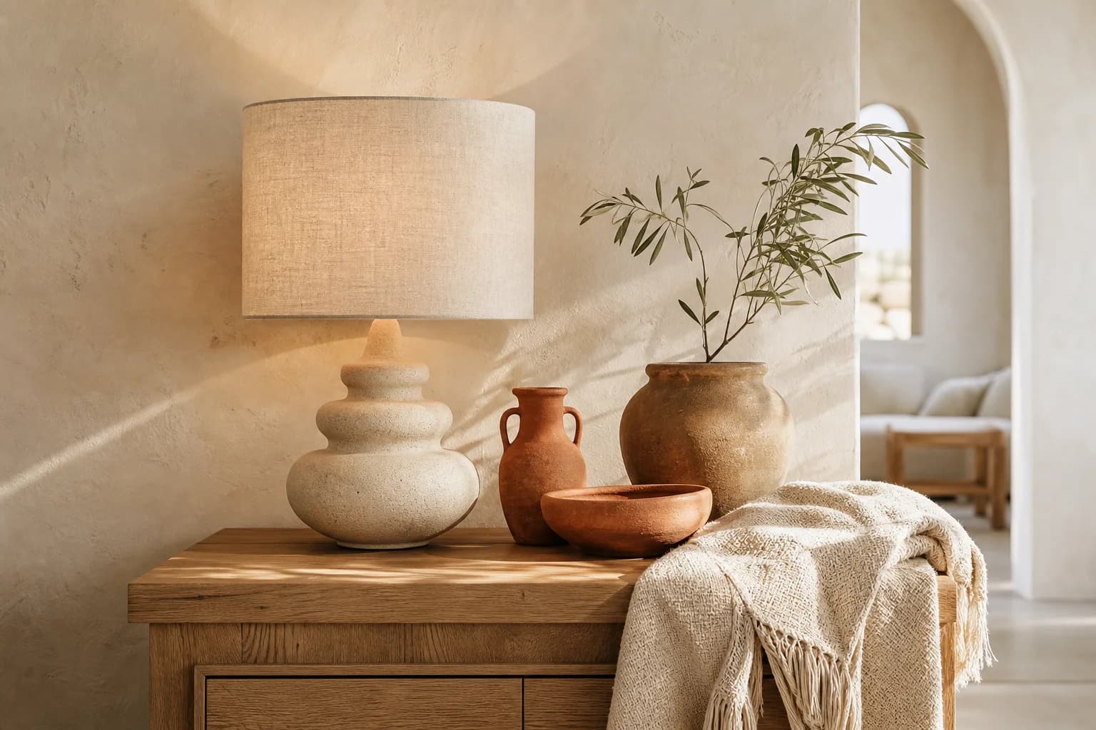 Warm, sculptural homewares in a sunlit interior